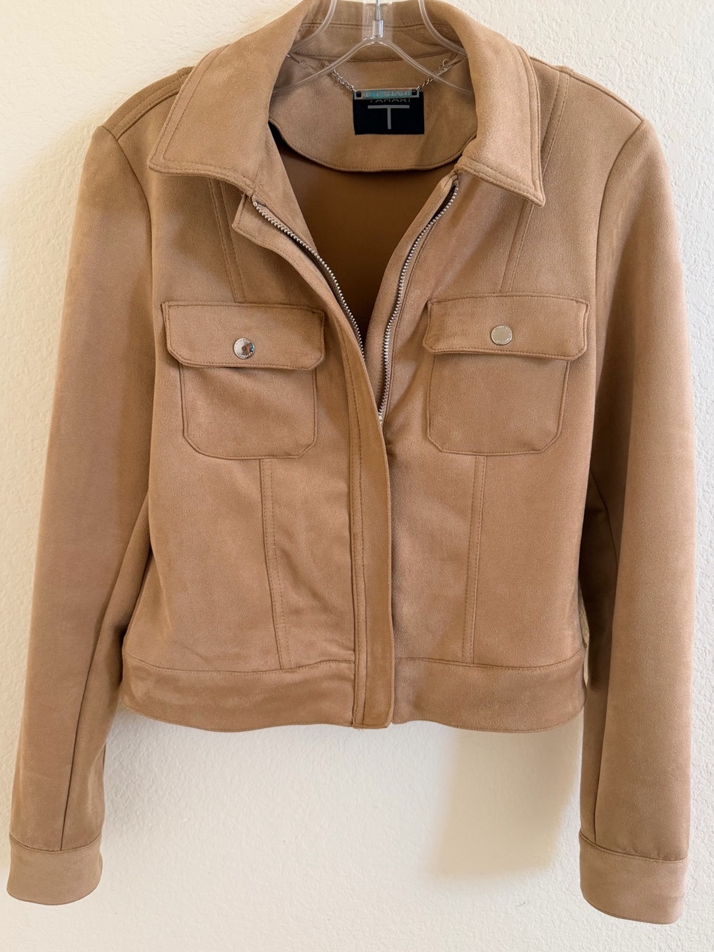 Tahari Camel Suede-Look Zip Front Jacket (Size XS)